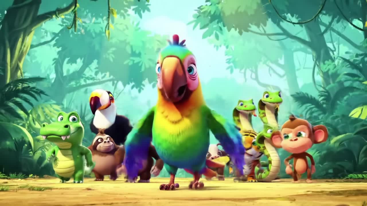 A Colorful Parrot Leads a Group of Woodland Creatures on an Adventure Through a Lush Jungle, Filled with Vibrant Colors and Playful Animal Friends