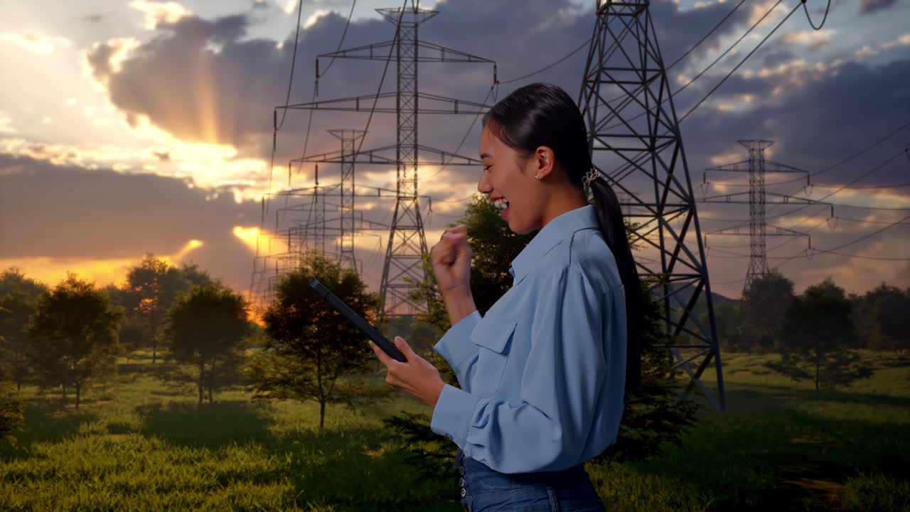 Donna felice che celebra il successo con un tablet vicino ai cavi dell'alta tensione al tramonto