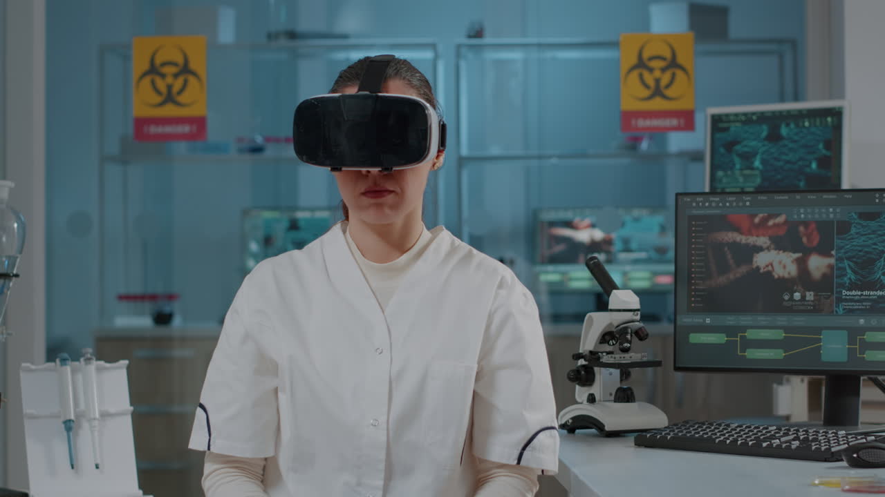Chemist working with virtual reality headset in laboratory