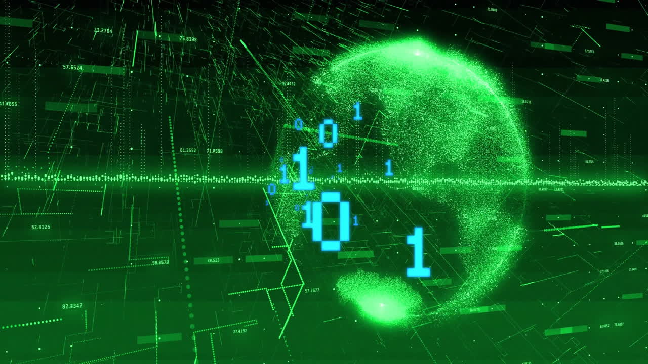 Binary code and digital globe, data processing animation over green background