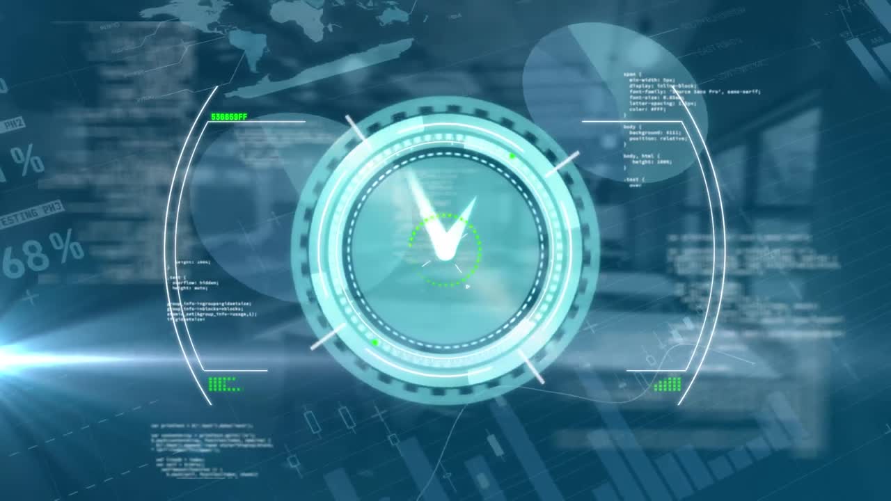 Animation of financial data processing over empty office