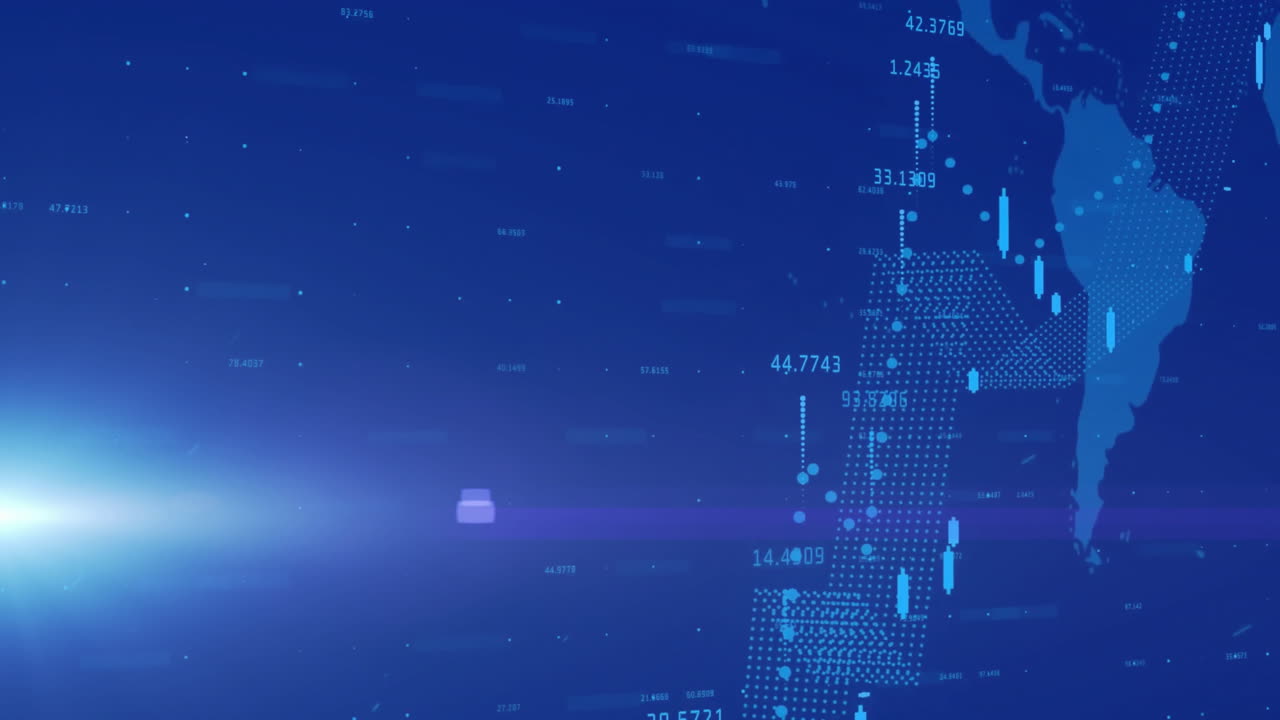 mapa del mundo con procesamiento de datos financieros y animación de gráficos del mercado de valores