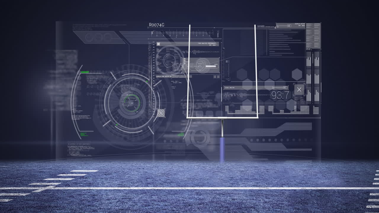 Animation of digital data processing on screen over racing track