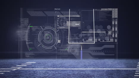 animación del procesamiento de datos digitales en pantalla sobre la pista de carreras