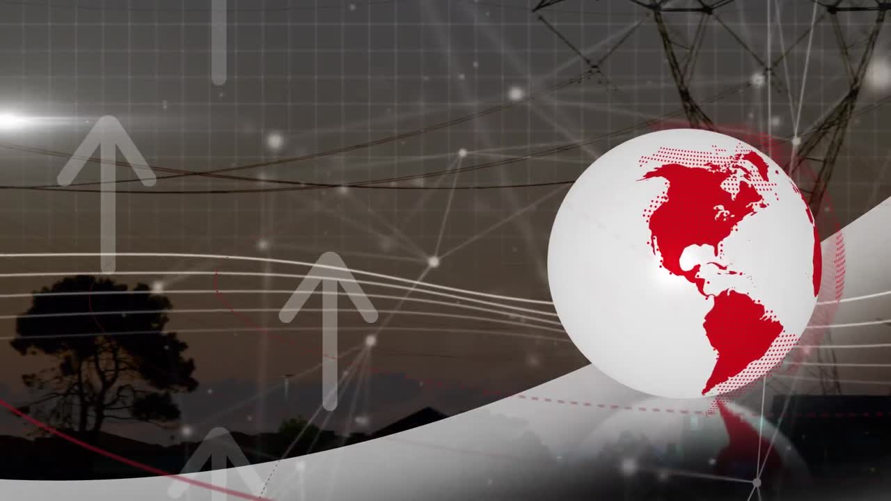 animación de flechas, conexiones y globo sobre postes de electricidad