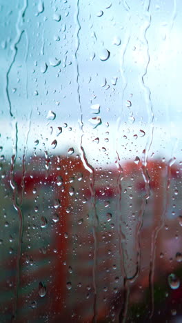 raindrops on window in the city. rainy weather with a sun on the sky. water drops flowing on the glass window on the background of high-rise buildings. vertical video