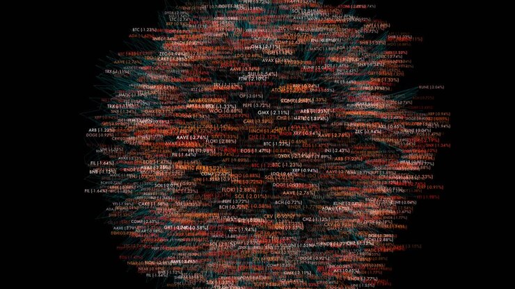 Hundreds of crypto tickers spin in a glowing 3D sphere symbolizing data overload