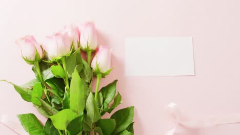 video of pink roses and card with copy space on pink background