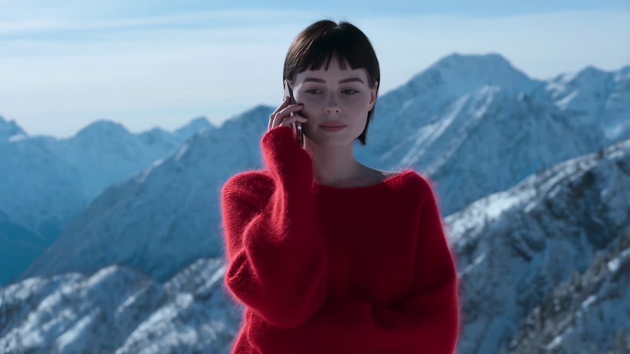 Woman on a phone call in snowy mountains