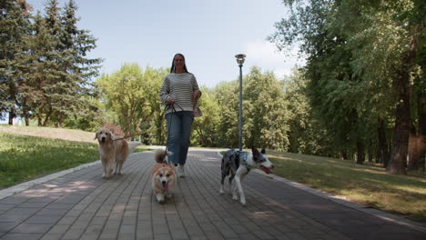 mujer joven con mascotas en el parque