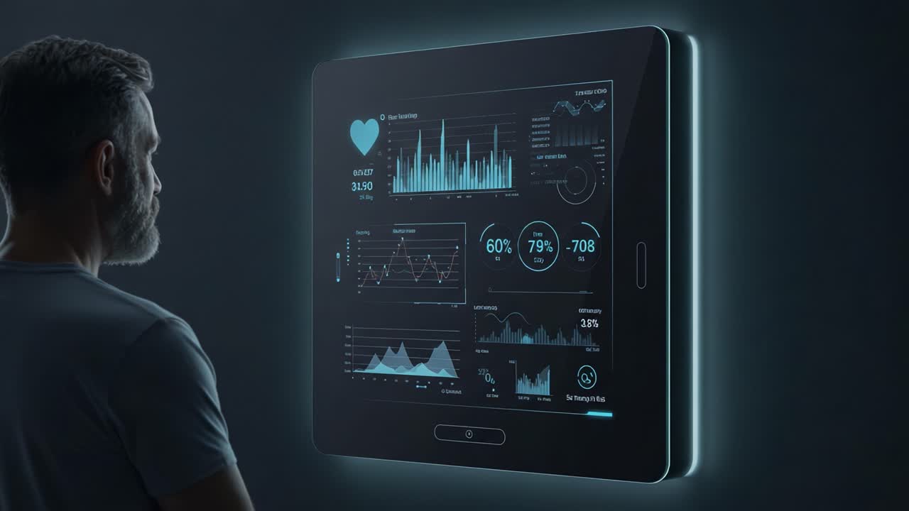 A Man Engaged with a High-Tech Health Dashboard Displaying Vital Metrics, Trends, and Data Analytics for Wellness Monitoring in a Dark Atmosphere