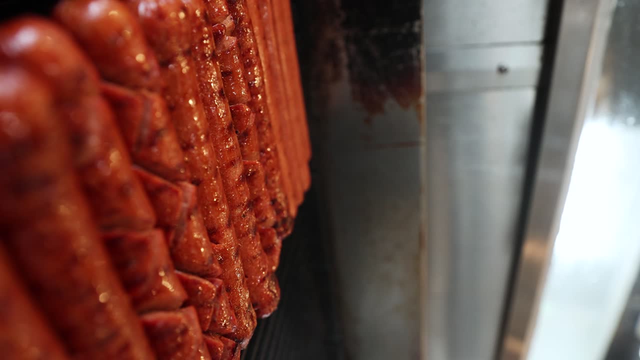 Multiple juicy and crispy hotdog sausages in line on grill grate, vertical shot