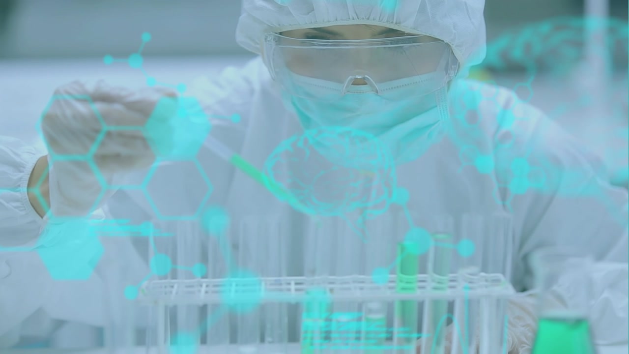 Animation of medical data processing over caucasian female scientist working at laboratory