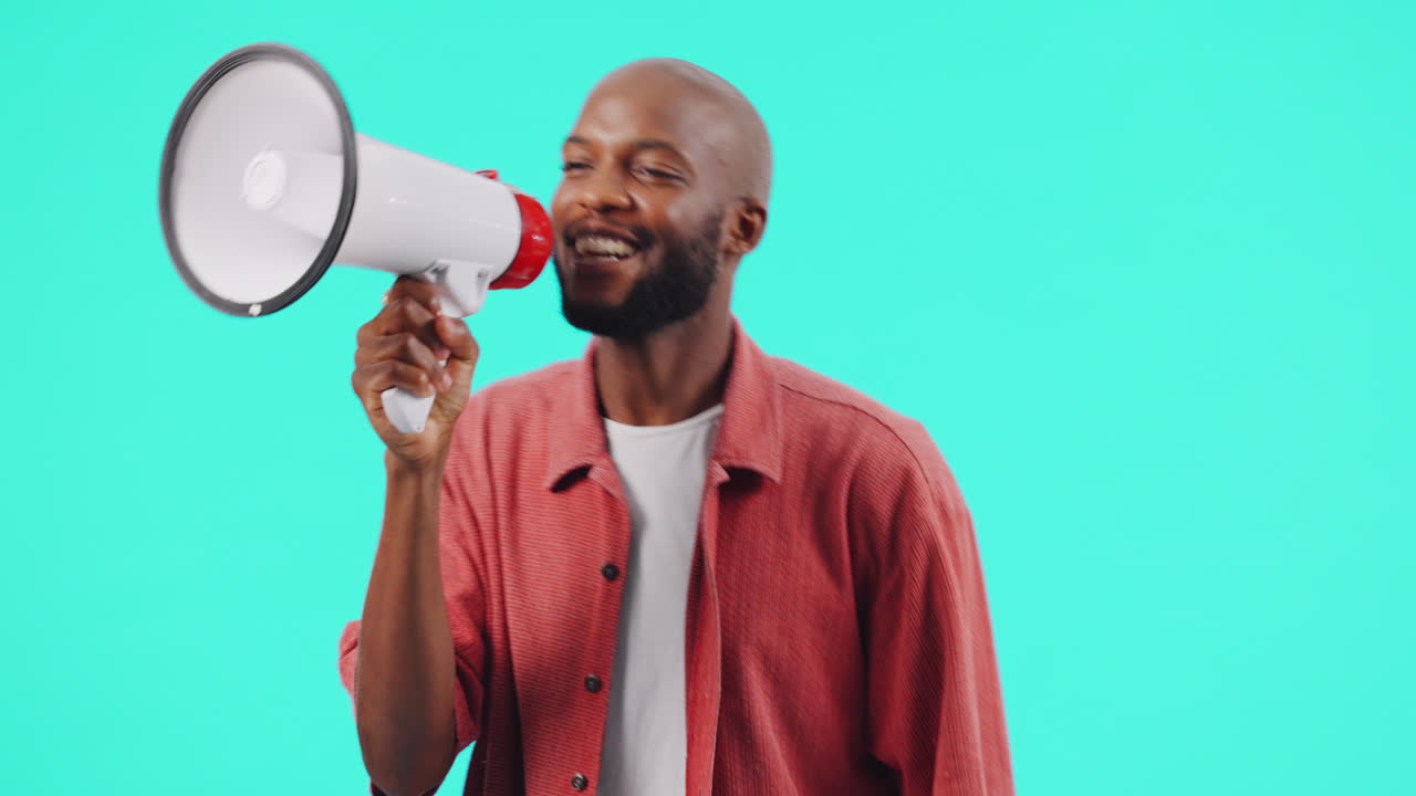 Happy black man, megaphone