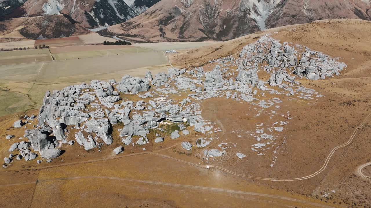 Bird's eye view of Castle Hill, a sacred Māori rock formation in Arthur's Pass, New Zealand.