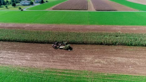 Granjeros-Amish-Cosechando-Cultivos-De-Otoño-Vistos-Por-Un-Dron