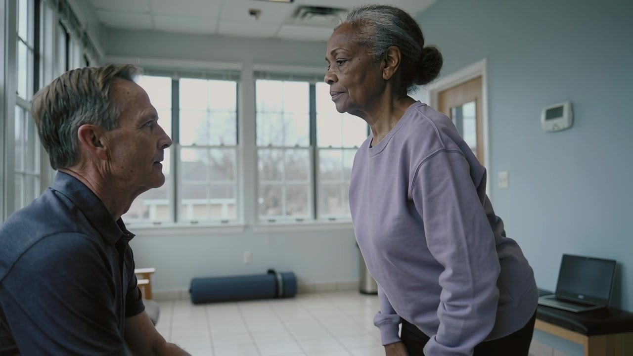 Giving cue, trainer guiding woman purple-top to stand for balance in rehab, with mat and laptop