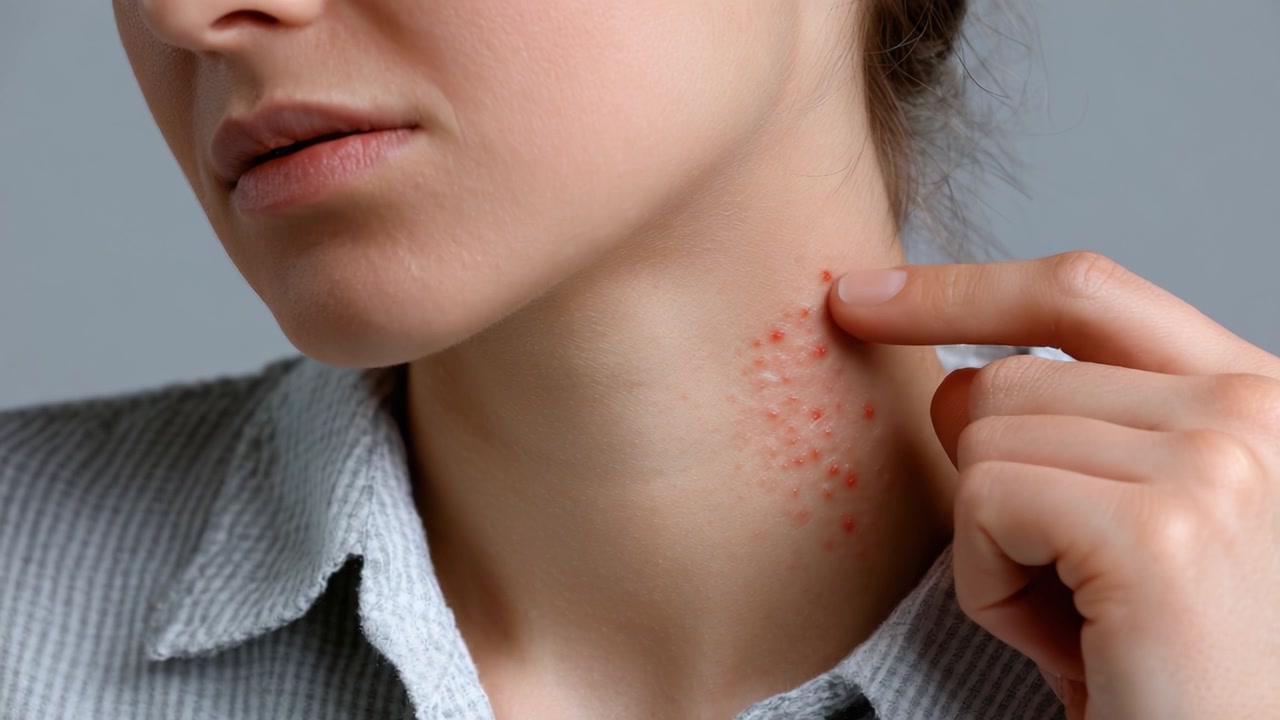 Esame ravvicinato di una condizione della pelle: Una donna indica dei brufoli rossi sul collo, illustrando l'impatto e la consapevolezza delle problematiche dermatologiche.
