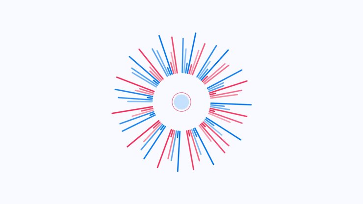 Abstract Circular Data Visualization with Pulsing Red and Blue Lines