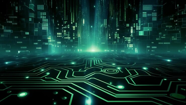 Sfondo di circuito stampato digitale con paesaggio urbano di dati astratto