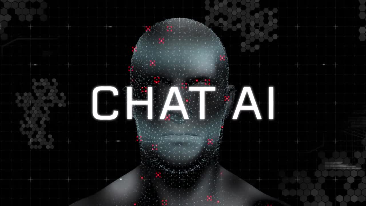 Animation of artificial intelligence text and data processing over human head