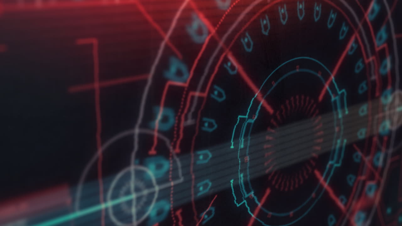 animación digital de rastros de luz y efecto de falla contra el escáner de neón redondo sobre fondo negro