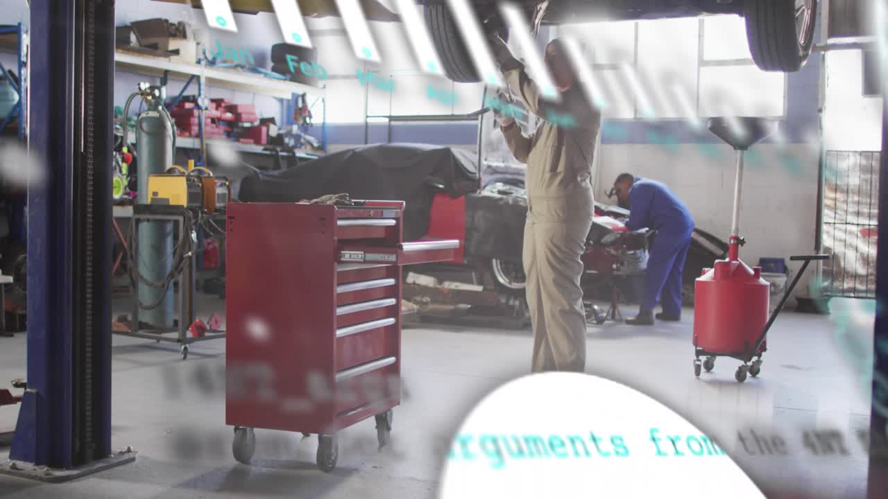 Drifting teal overlays revealing bay with red tool chest, two techs inspecting raised car to repair