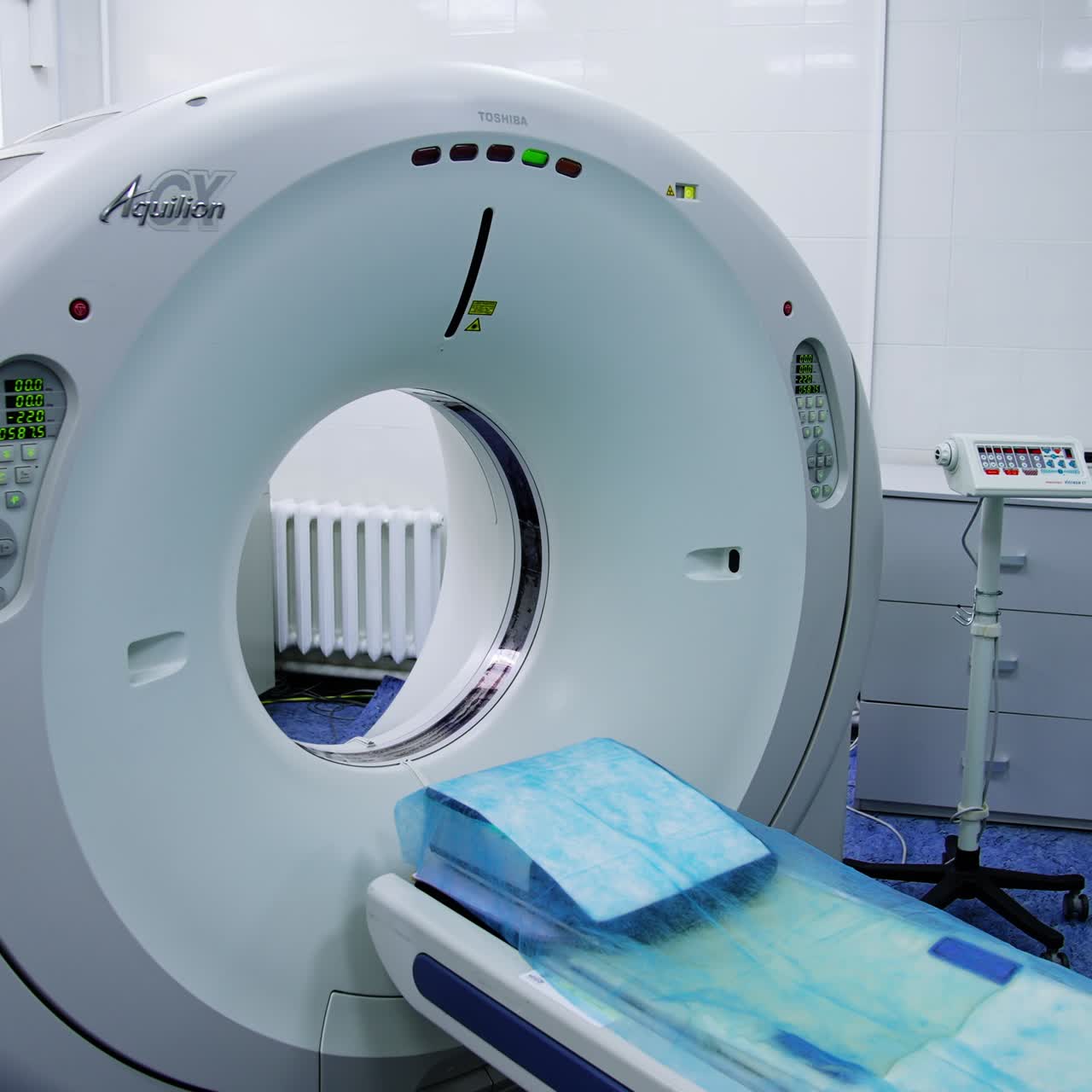 Toshiba magnetic resonance machine. Empty room for tomography research in the hospital