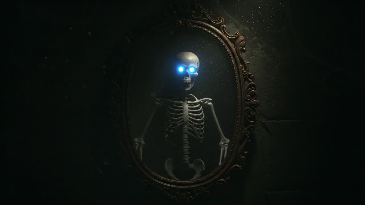 A Skeleton in a Mirror Glows Mysteriously, Capturing an Eerie Atmosphere of the Unknown with its Striking Blue Eyes in a Darkened Room