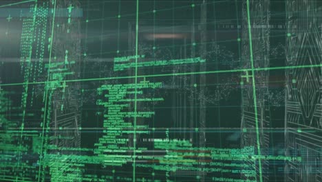 animation of circuit board and data processing over grid