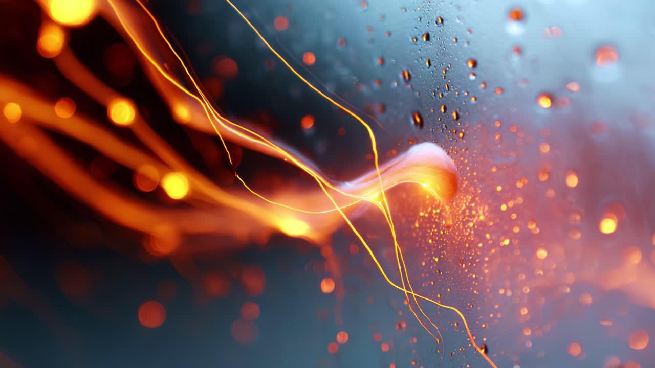 Dynamic Abstract Visual of Vivid Orange and Yellow Light Trails Intersecting with Raindrops on a Glass Surface, Creating a Mesmerizing Fusion of Energetic Motion and Water Droplets