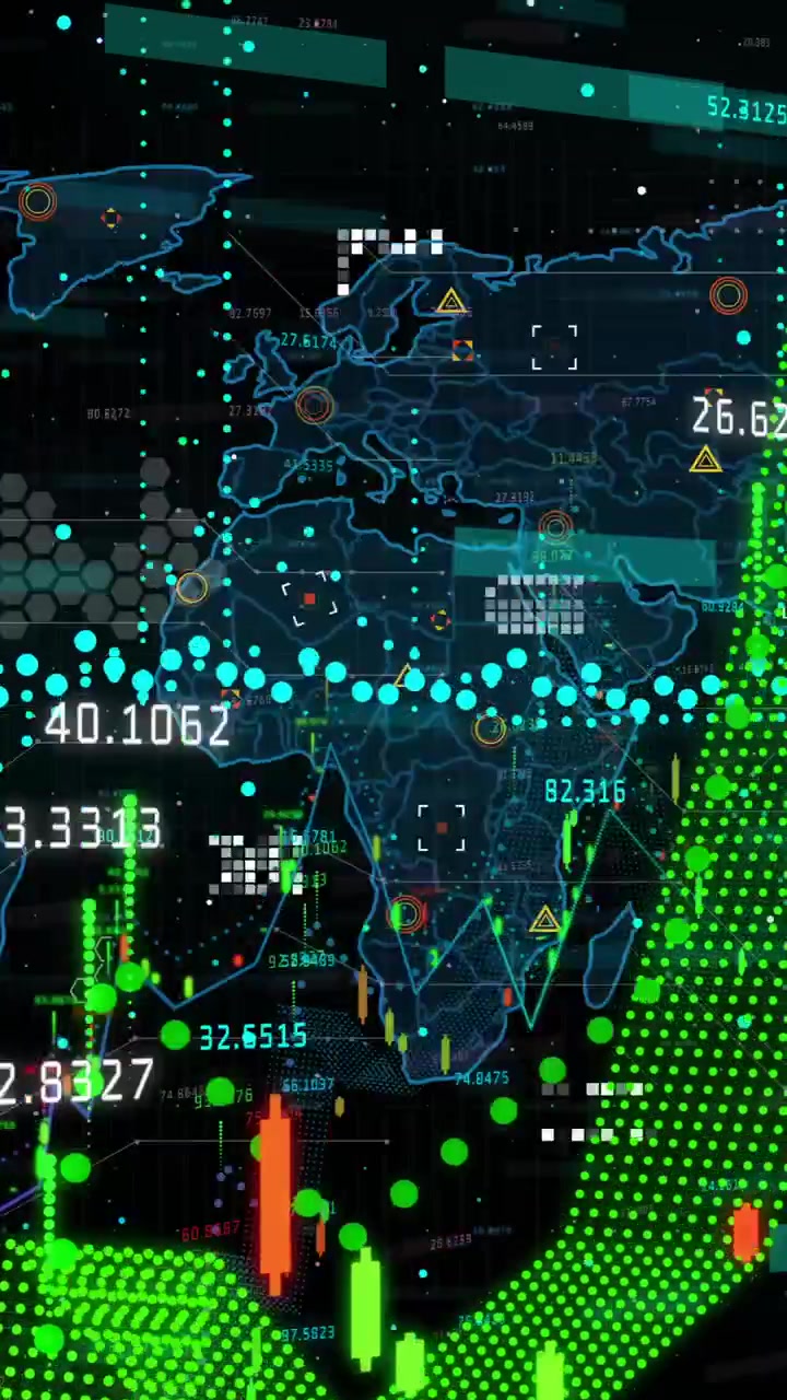 Animation of digital data processing over world map on dark background