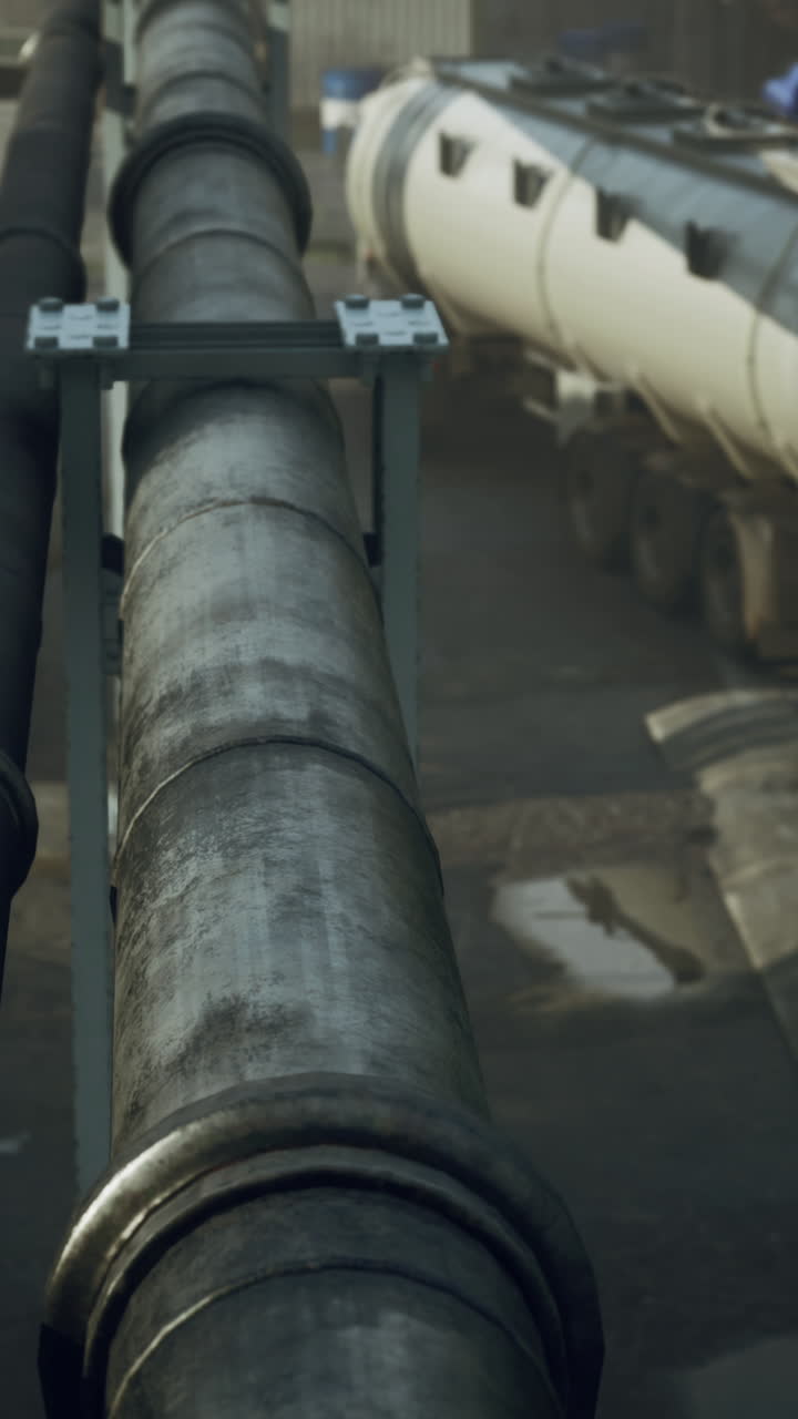 tuberías industriales, un camión cisterna y una fábrica en el fondo