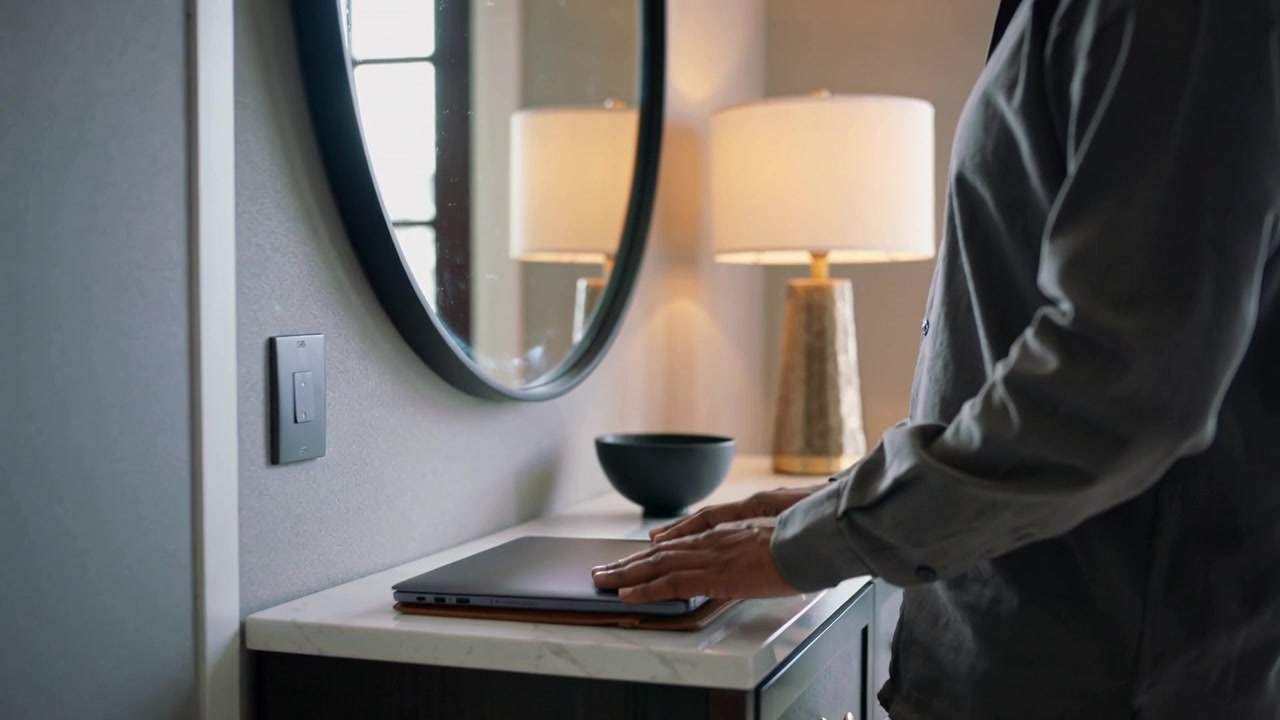 Placing man in gray jacket aligning laptop on folio at entryway preparing for work, copy space