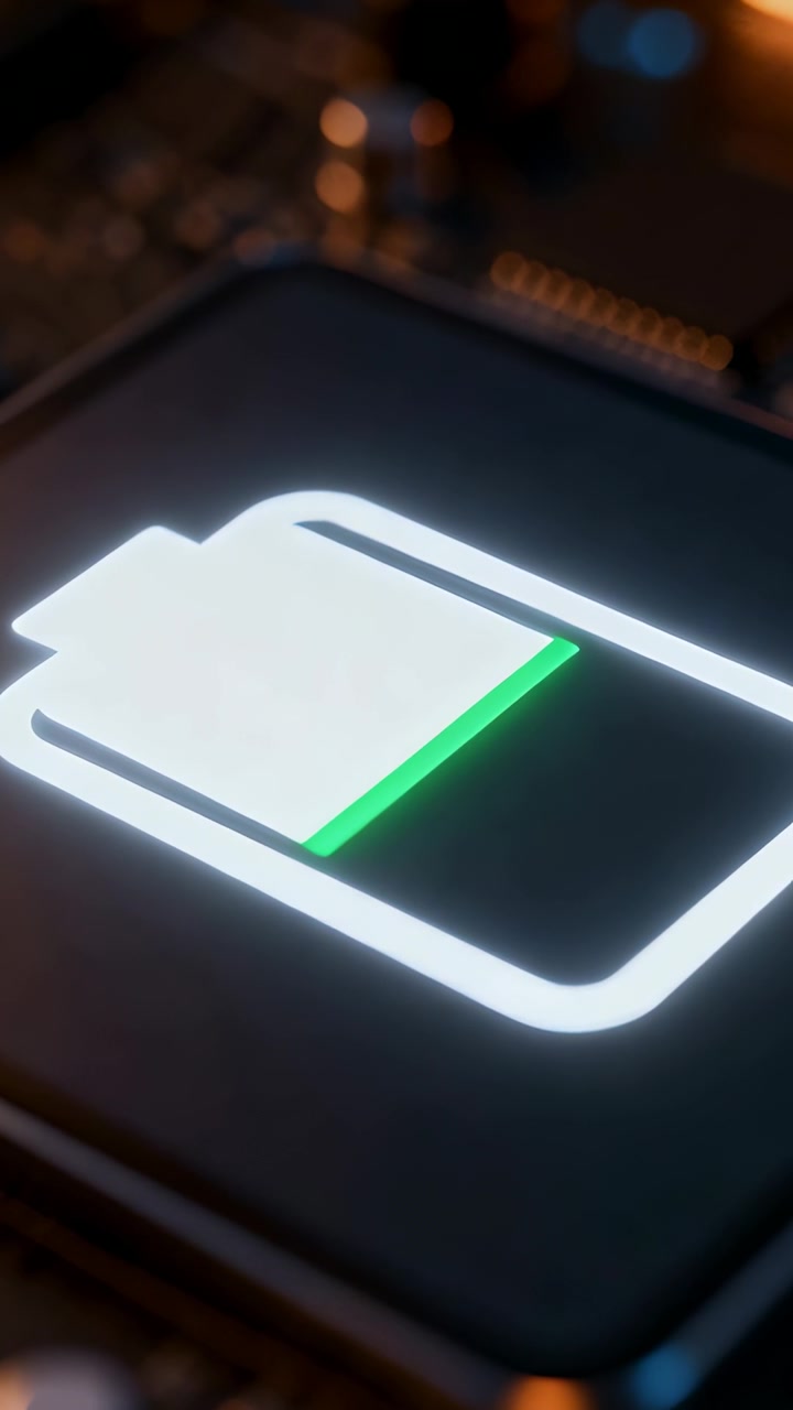 Vertikal video: Skiftende kamera afslører glødende batteriikon, der indikerer opladning på et printkortmodul