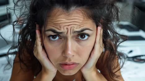 a woman sitting at a desk with her hands on her head