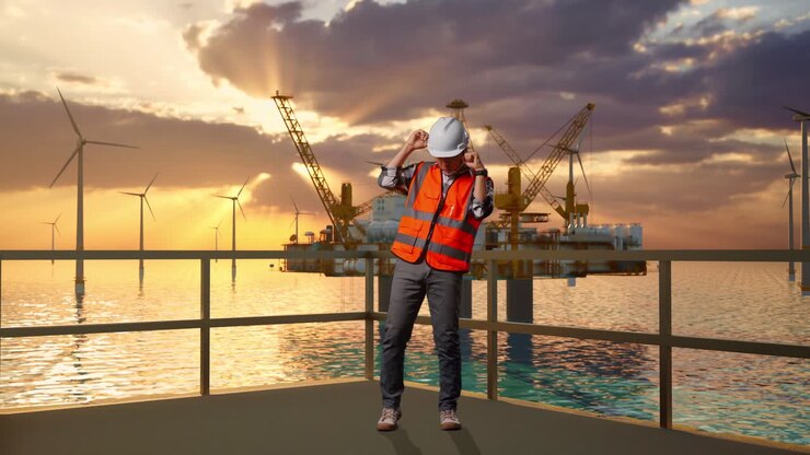 ingenieur auf einer offshore-windparkplattform bei sonnenuntergang