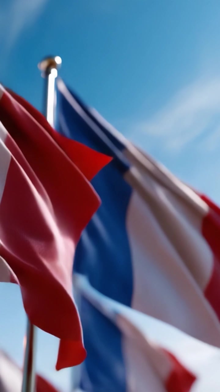 Waving Flags in the Breeze: A Close-Up View of Colorful Flags Displayed Against a Bright Blue Sky, Symbolizing Unity and National Pride