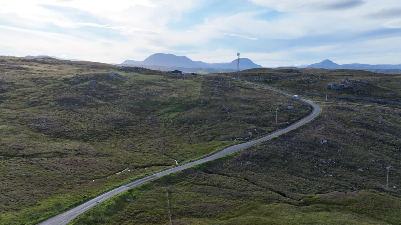 Drone footage of a camper van driving a winding Highland road near Oldshoremore on the North Coast 500. Captured on a clear day, showcasing Scotland’s rugged scenery, freedom, and remote adventure