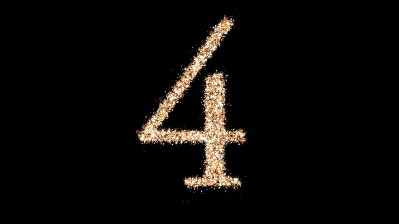 Numero 4 glitter oro in loop. Una figura di particelle scintillanti. Animazione 3D