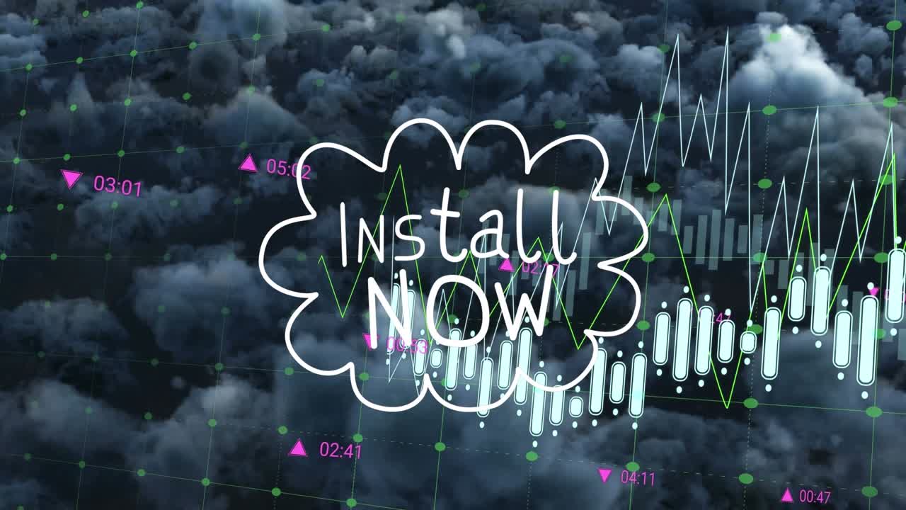 Animation of financial data processing over cloudy sky