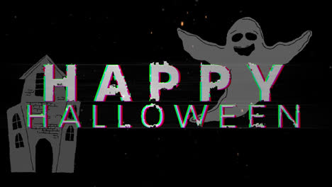 animación de texto feliz de halloween sobre fantasma y casa embrujada en fondo oscuro