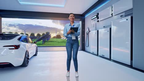 full body side view of asian female with her tablet with home energy storage system in a modern garage, typing and dissapionted with nodding her shead