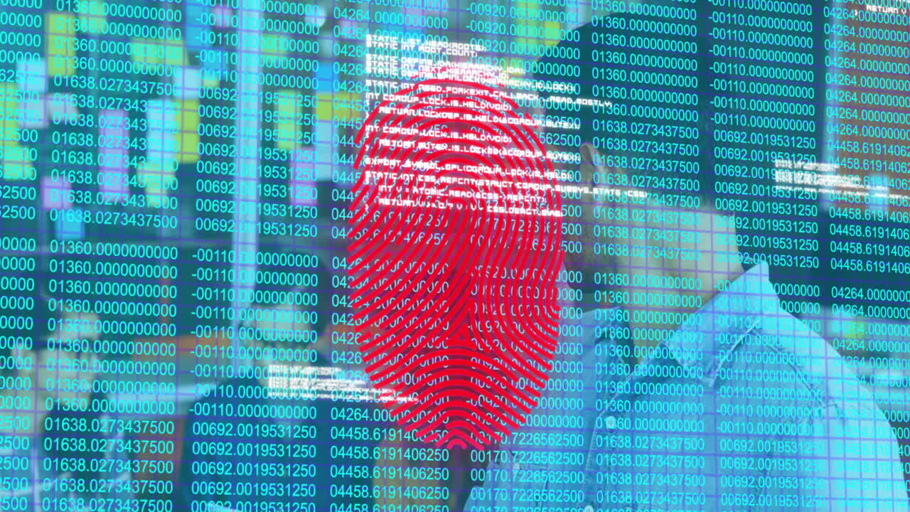 Fingerprint and binary data animation over person in office environment