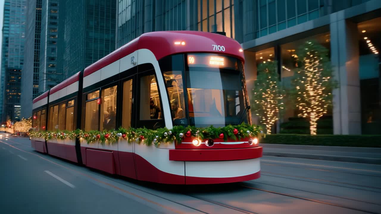 A vibrant red and white tram adorned with festive decorations glides smoothly along a bustling urban street, surrounded by sparkling lights and modern architecture, capturing the charm of holiday transit