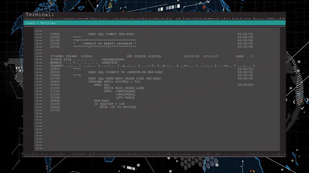 After one-second delay, terminal sliding into view, scrolling SQL code, showing database operations