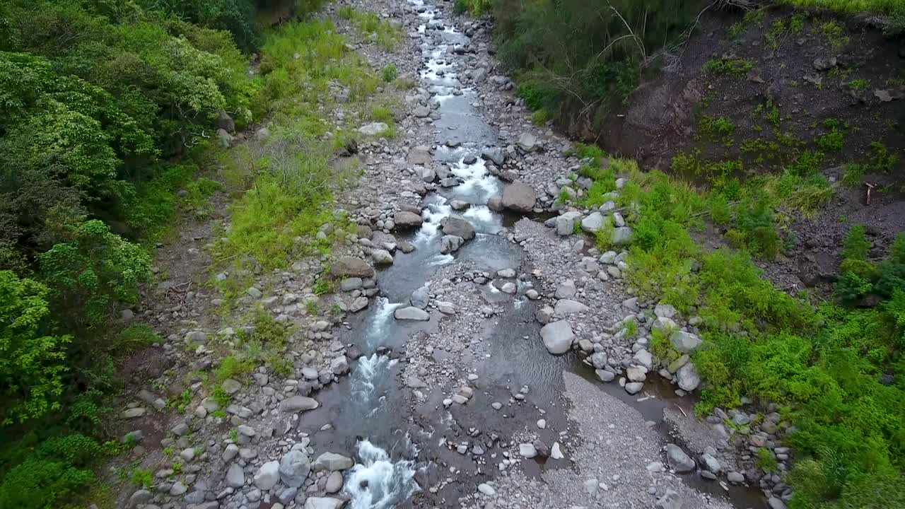 River streaming on rocky bed across green lush vegetation and tropical trees of calm valley on a misty day in Hawaii