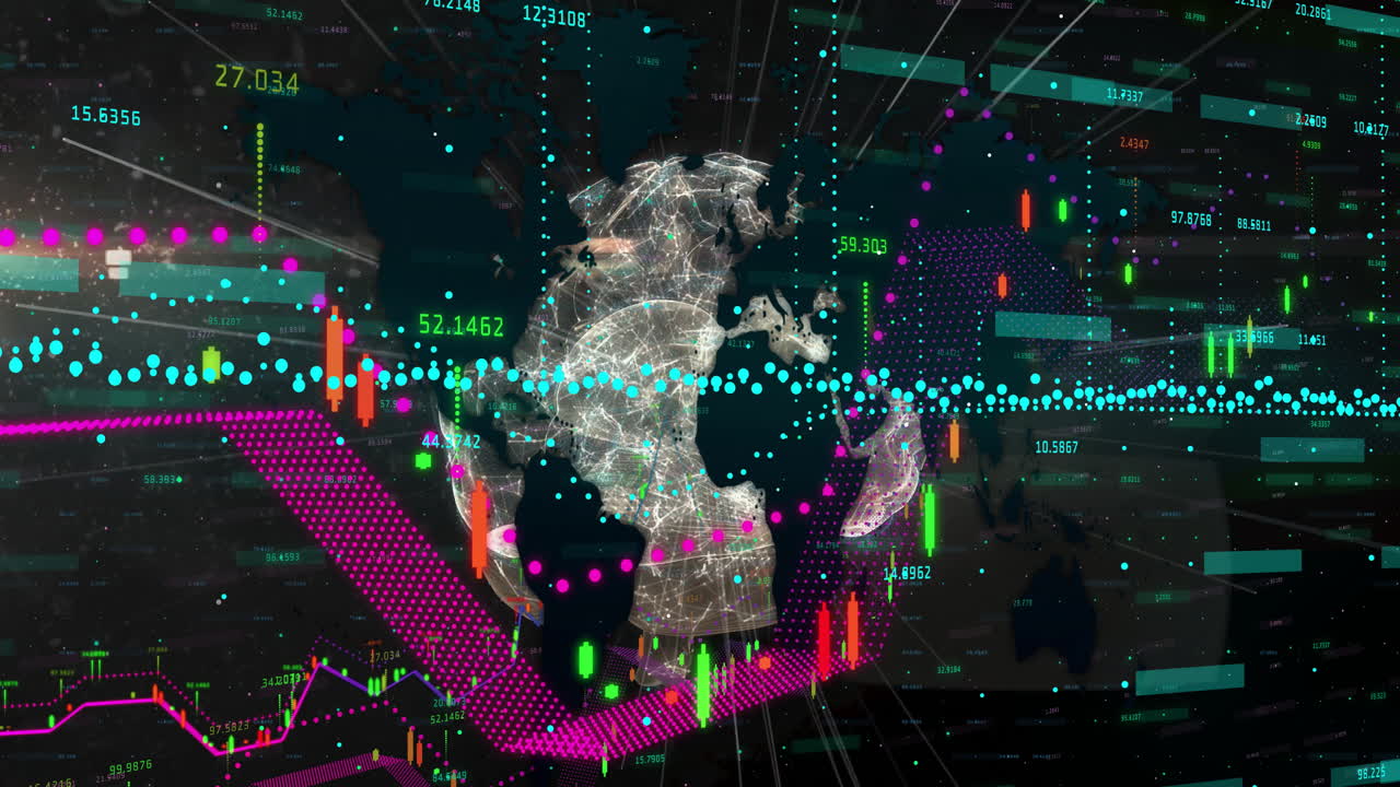 Animated global map showing financial data and digital connections in school setting