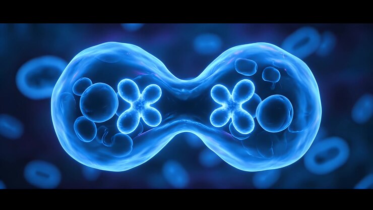 Vista microscopica del processo di divisione cellulare biologica