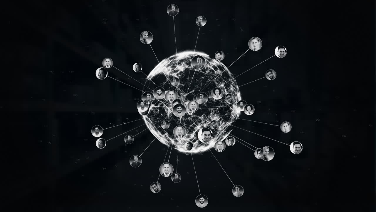 검은색 배경 에 있는 사람 들 의 사진 과 함께 회전 하는 지구 의 애니메이션